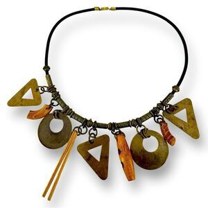 Vintage Geometric Style wood & metal wind chimes necklace 22” Boho